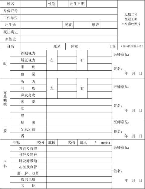 执业护士体检表