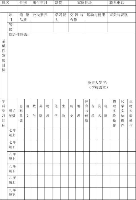 初中学生综合素质评定报告单