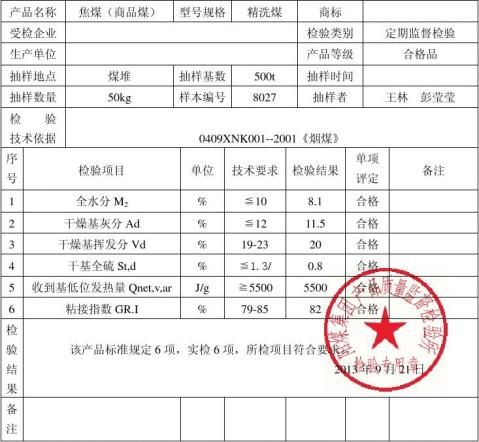 煤炭检验报告范本