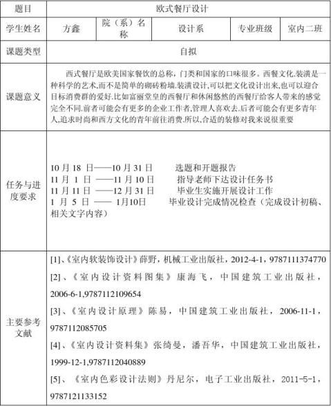 篇一室內畢業設計論文餐廳開題報告任務書