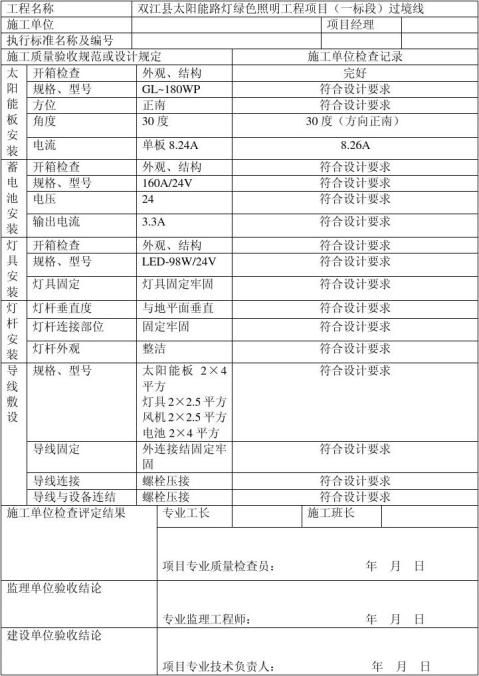 太陽能路燈驗收記錄表格總彙