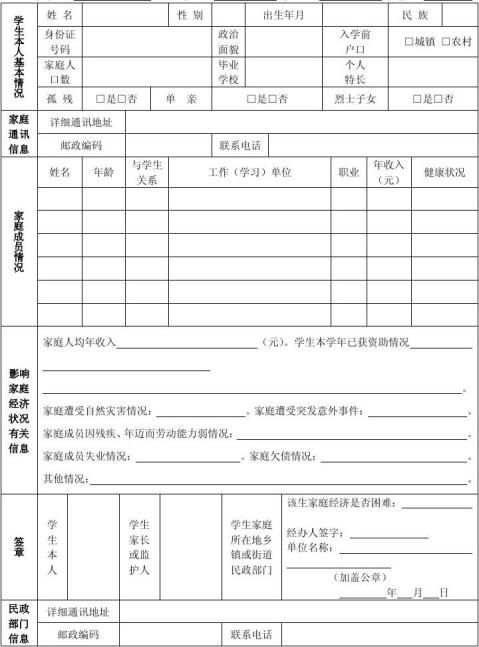 大學生助學金申請表貧困生申請表高等學校學生及家庭情況調查表1